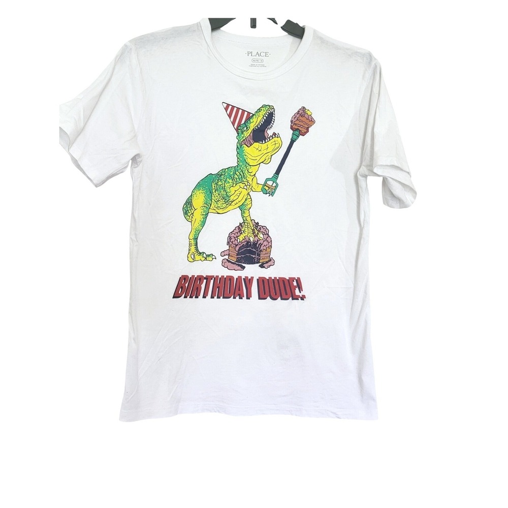 Childrens Place Boys White Birthday Dude Dinosaur Short Sleeve Graphic Tee XL 14